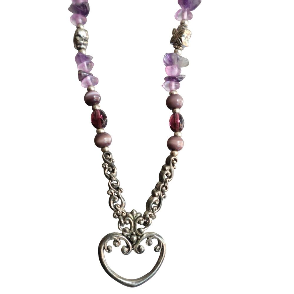 Vintage 90s Y2K Silver Tone Ornate Heart Pendant Long Necklace Purple Beads Boho